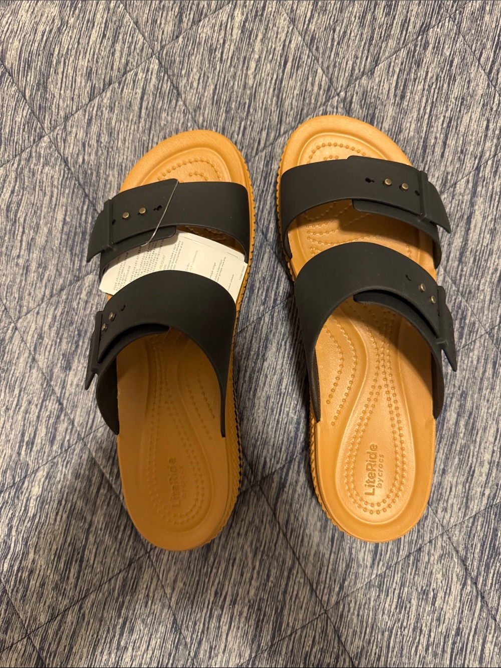 Crocs Life Stride Black and Tan Double Strap Slide Sandals
